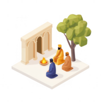 Three figures meditating around a fire near an ancient structure and a tree. png