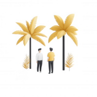 Two individuals standing under stylized golden palm trees in a serene environment. png