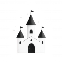 Stylized castle with black towers, flags, and a charming entrance. png