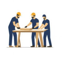 Three workers collaborating on a woodworking project at a workshop table. png