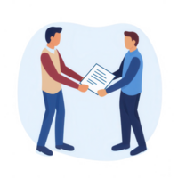 dos hombres intercambiando documentos, ilustrando trabajo en equipo y colaboración en el lugar de trabajo. png