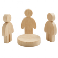 Three wooden figures standing around a circular table, symbolizing collaboration. png