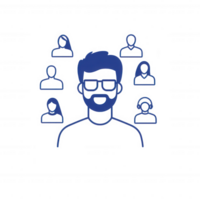 illustration of a man with glasses surrounded by diverse people icons. png