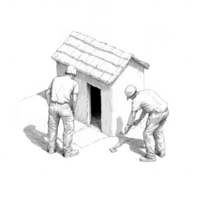 Workers constructing a small building with tools and teamwork for a sturdy structure. png