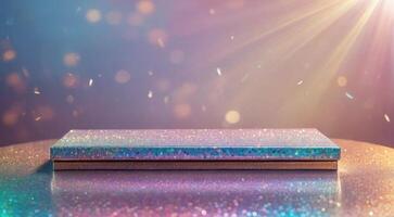 3D render holographic chrome Y2K element. Liquid metal, shiny box sits on a table with a bright light shining on it, podium, product banner template. photo