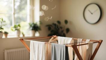 A sustainable household choice of air-drying clothes on a rack, cutting energy usage and promoting eco-living photo