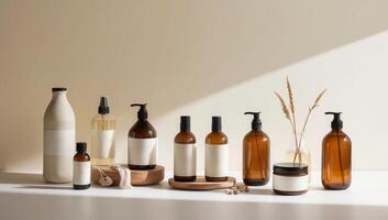 A collection of various bottles and vases on a table, with a vase of flowers in the middle, eco-friendly homemade cleaning products. photo
