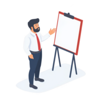 A businessman presenting ideas using an empty flip chart in a professional setting. png