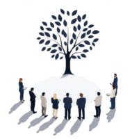A group of individuals gathered around a symbolic tree, representing unity and reflection. png