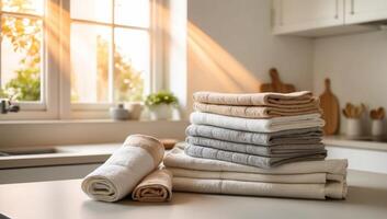 Stack of soft, absorbent cloth towels and napkins, textures and folds of the fabrics, eco-friendliness and sustainability by replacing disposable paper products photo
