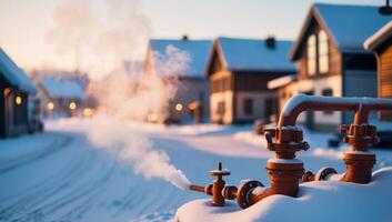 Snow covered winter scene of a cold climate town, biomass powered district heating system, fueled by local wood waste, metal pipes and valves photo