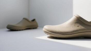 Natural rubber footwear provides a biodegradable solution for sustainable fashion, with shoes designed to reduce waste and environmental impact. photo