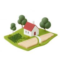 A charming house surrounded by trees and fields in a peaceful rural setting. png