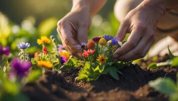 A closeup of hands planting wildflowers in brilliant colors, helping to sustain pollinator populations and beautify the environment. photo