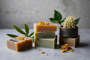 Stack of soaps with a yellow powder on top, different colors and sizes, eco-friendly homemade cleaning products. photo