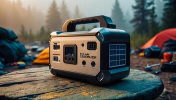 Closeup of a compact portable solar powered generator, weather resistant exterior, functionality in providing off-grid energy for outdoor enthusiasts photo