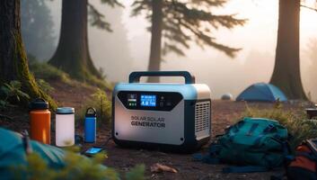 Portable solar powered generator used at a remote campsite, providing energy for outdoor activities photo