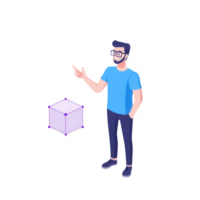A confident man interacting with a 3D cube, showcasing modern technology concepts. png