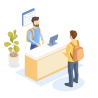 A customer interacts with a service representative at a stylish reception area. png