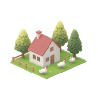 A cute farmhouse scene with chickens and trees in a vibrant, animated style. png