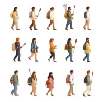 A diverse group of hikers walking through nature on an adventurous journey. png