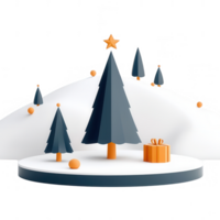 A festive winter scene featuring snowy hills, evergreen trees, and a gift box. png