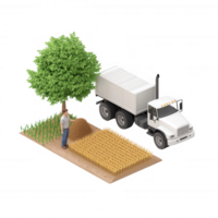 A farmer tending to crops with a truck, symbolizing modern agricultural practices. png