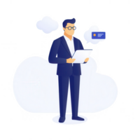 A man in a suit using a tablet in a modern, cloud-themed workspace. png