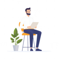 A man sitting on a chair with a plant, working on a laptop in a comfortable setting. png