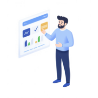 A man analyzing data visuals on a digital interface, showcasing business metrics. png