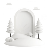 A minimal white landscape with stylized trees and an archway creates a serene atmosphere. png