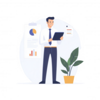 A professional man analyzing data on a tablet with charts and a plant in the background. png