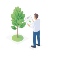 A person examining a healthy tree while reviewing a care instruction document. png