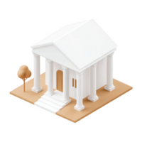 A minimalist white building with columns and an entrance, set on a simple landscape. png