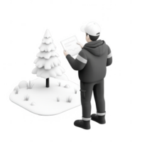 A person inspecting a snow-covered landscape with a tree and a map in winter. png