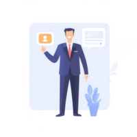 A professional man presenting a digital profile card in a modern office setting. png