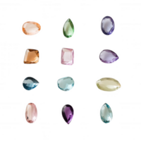 Colorful assorted gemstones and jewels in various shapes and sizes. png