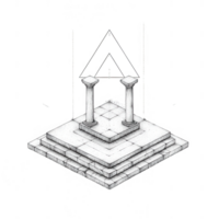 A stylized depiction of an ancient temple with two pillars and triangular accents. png
