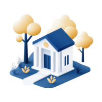 A stylized, modern building surrounded by trees and greenery, showcasing architectural design. png