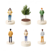 Diverse miniature figures and a tree, representing environmental awareness and community. png