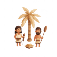 Illustration of two ancient characters standing by a palm tree on a sandy shore. png