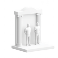 Minimalistic sculpture of two figures beside a classical columned structure. png