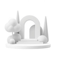 Minimalist white archway with stylized trees and shapes in a serene environment. png