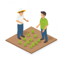 Two farmers discussing crop growth and techniques in a sustainable farm setting. png