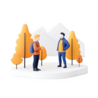 Two friends enjoying a conversation in a scenic outdoor setting with trees and mountains. png