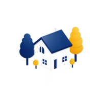 Stylized house illustration surrounded by vibrant trees in a colorful design. png