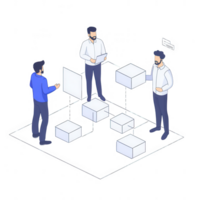 Three professionals collaborating in an isometric design on a project. png