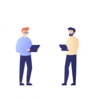 Two professionals discussing ideas using digital tablets in a modern office setting. png