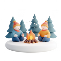 Two cheerful figures enjoying a cozy campfire in a winter landscape. png