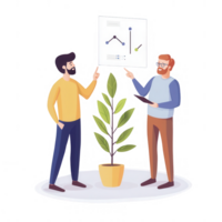 Two professionals discussing data analysis in an office setting with a plant. png